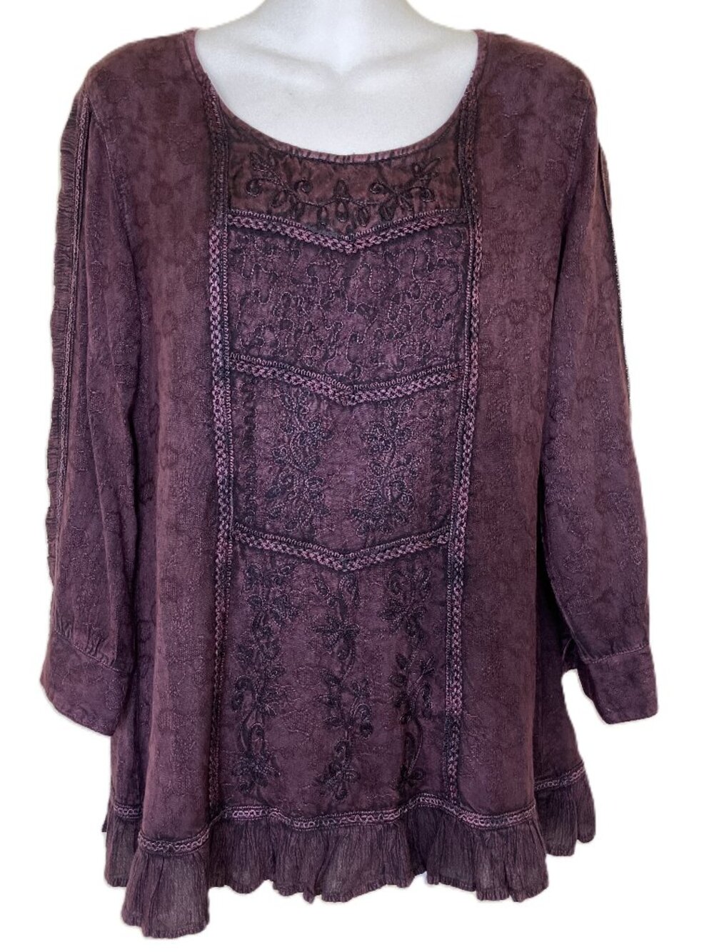 Parsley & Sage Embroidered Blouse Top 3/4 Sleeves Plum Purple Women's Small